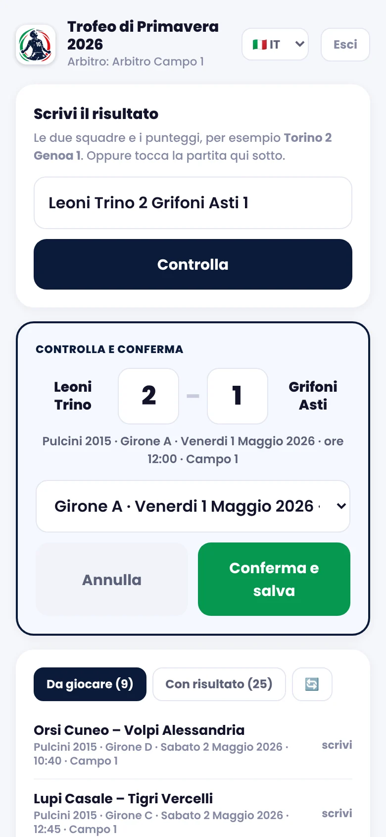 Página del árbitro en el móvil: comprueba y confirma Leoni Trino 2, Grifoni Asti 1
